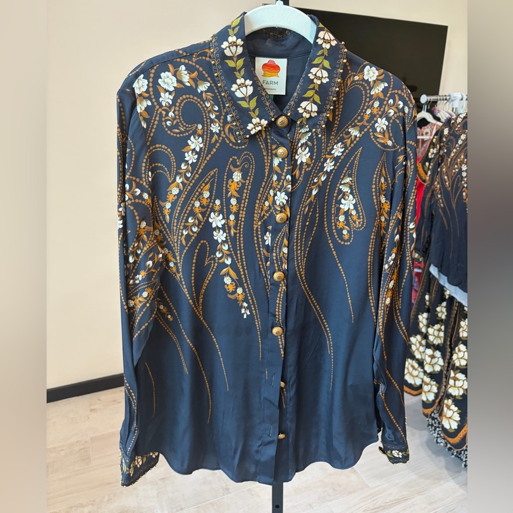 Farm Rio: Black Garden Printed Buttons Viscose Shirt - Picture 5 of 16